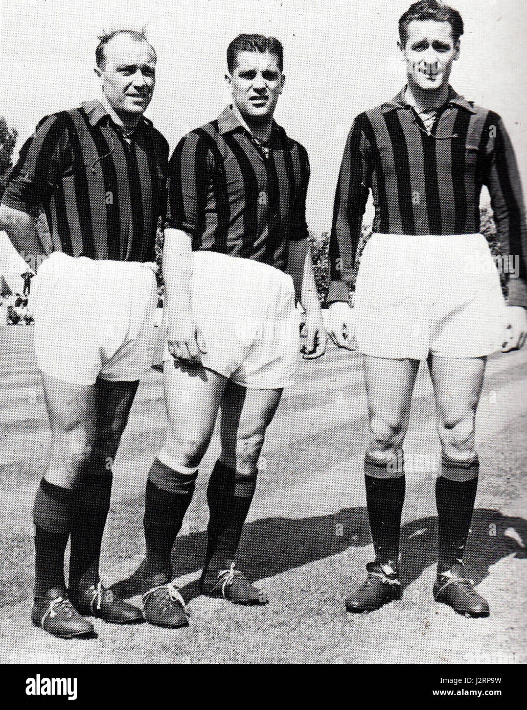 1950 AC Milan del trío sueco de Gre-No-Li (Gunnar Gren, Gunnar Nordahl y Nils Liedholm) Foto de stock