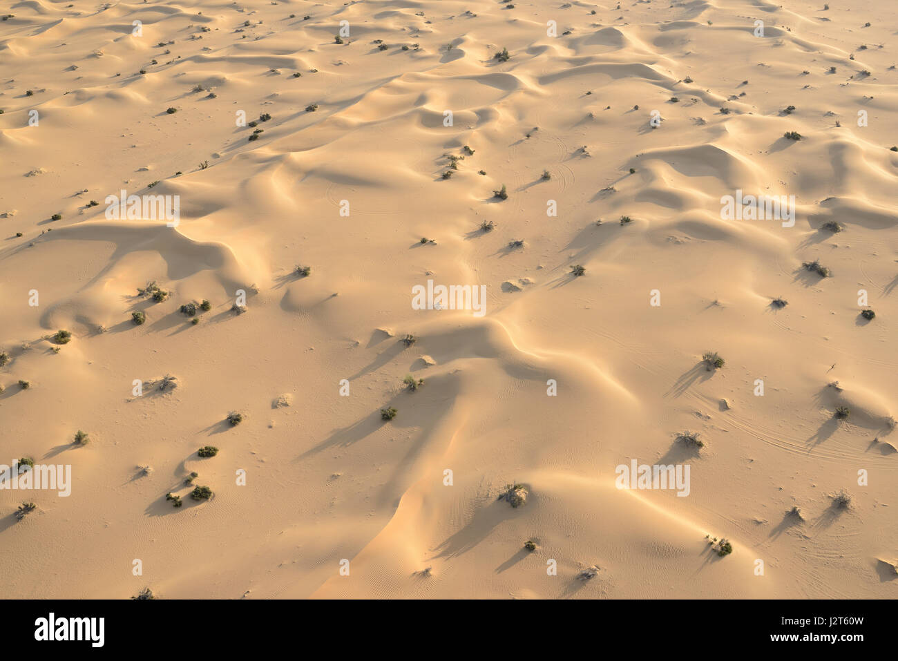 VISTA AÉREA. Desierto árabe a la luz de la mañana. Margham, Emirato de Dubai, Emiratos Árabes Unidos. Foto de stock