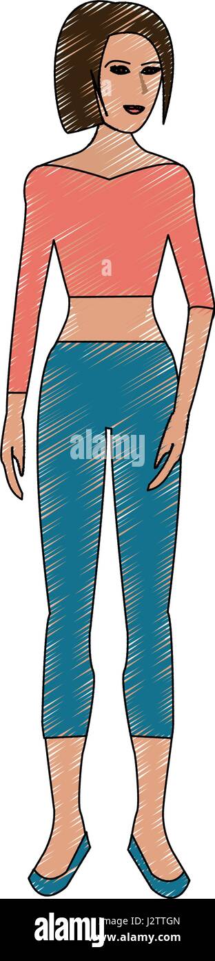 Lápiz de color de cuerpo completo de dibujos animados mujer con pantalones  y top Imagen Vector de stock - Alamy