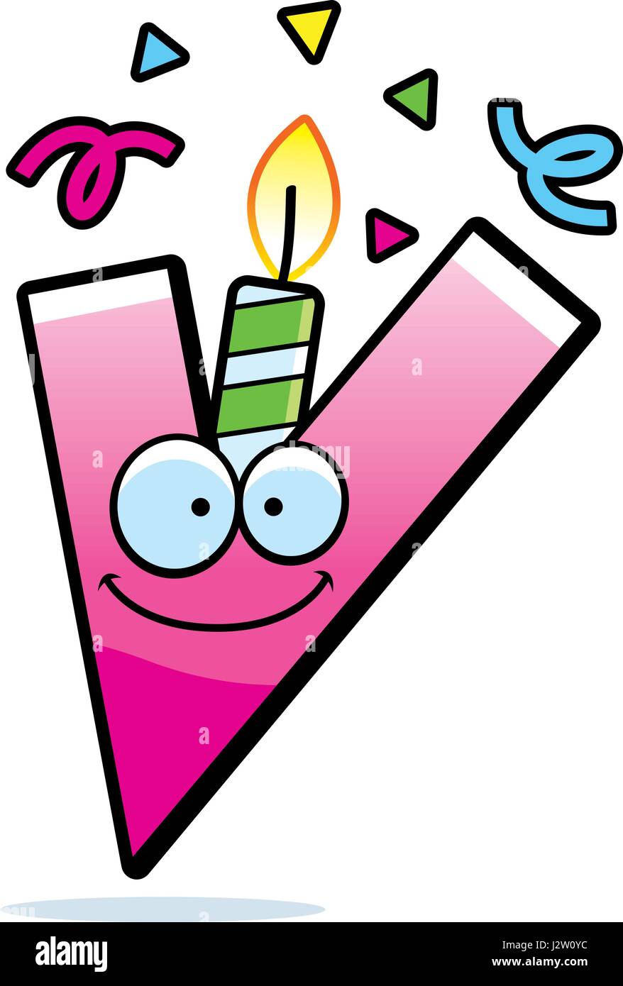 Una caricatura de la ilustración de una letra V con una vela de cumpleaños  y confeti Imagen Vector de stock - Alamy