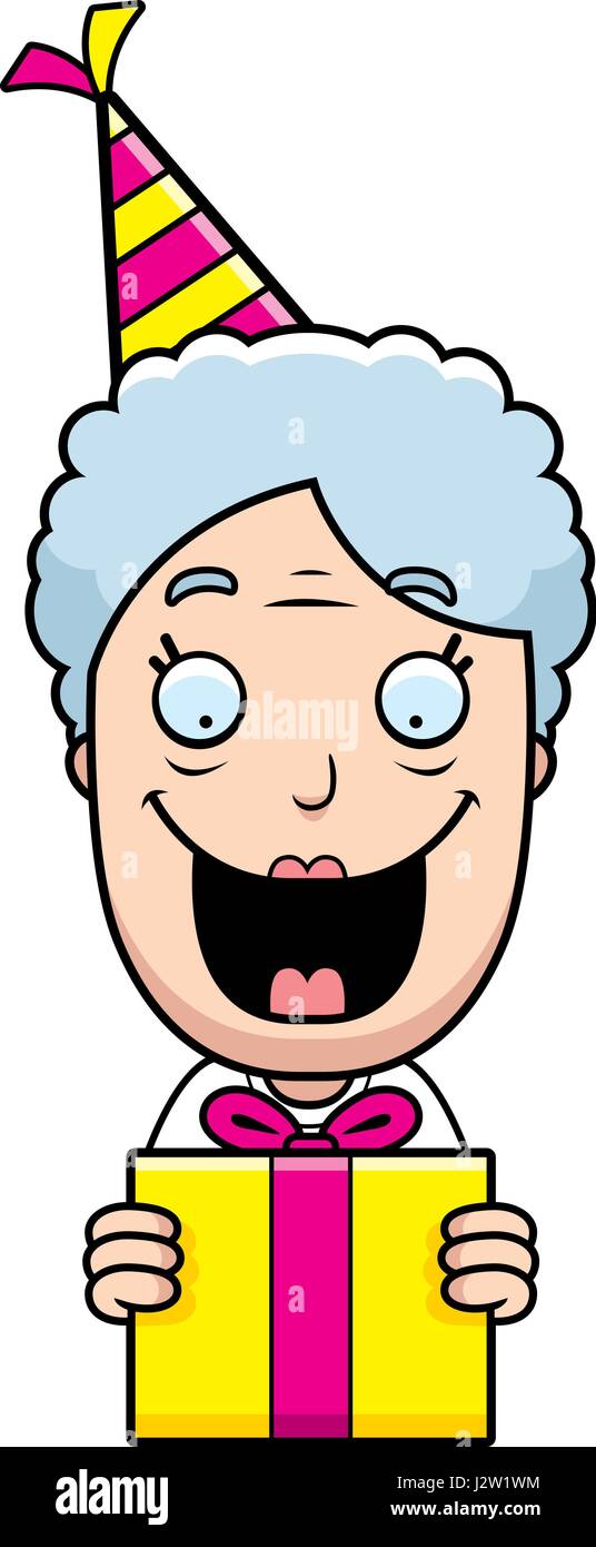 Un feliz cumpleaños de la abuela de dibujos animados con un presente y gorro  de fiesta Imagen Vector de stock - Alamy