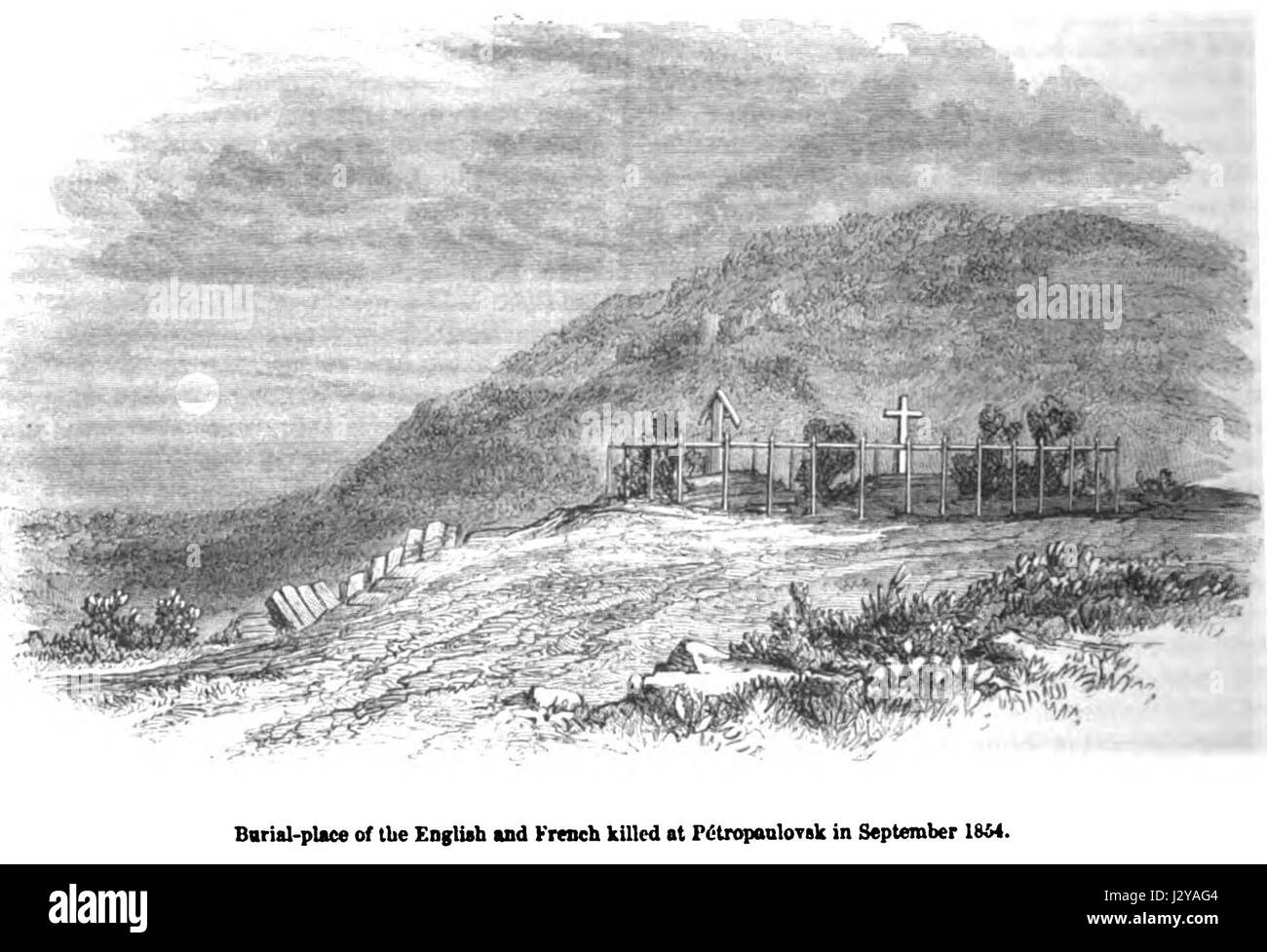 Lugar de entierro de los muertos en inglés y francés Petropaulovak en septiembre de 1854.