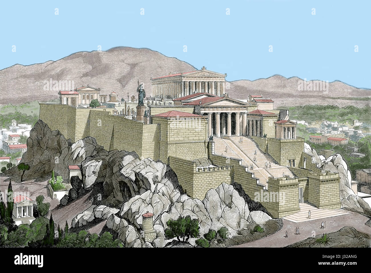 Grecia. Acrópolis de Atenas. Grabado del siglo XIX. Coloreada. Foto de stock