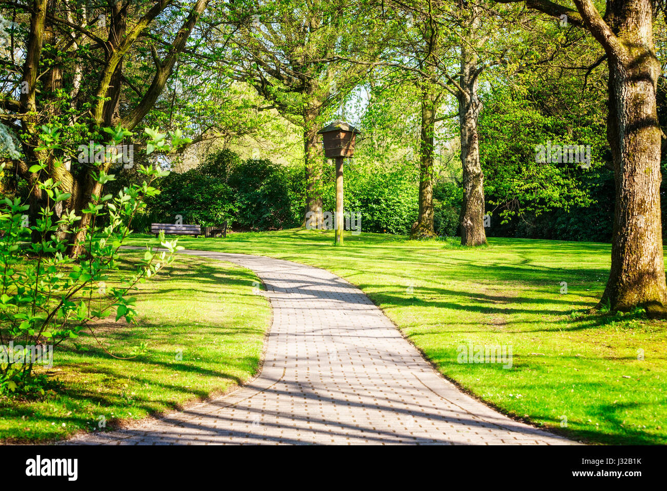 Spring Green Park. Parque de la ciudad con pathway, césped fresco, casa de aves y árboles en día soleado. Fondo de paisaje primaveral Foto de stock