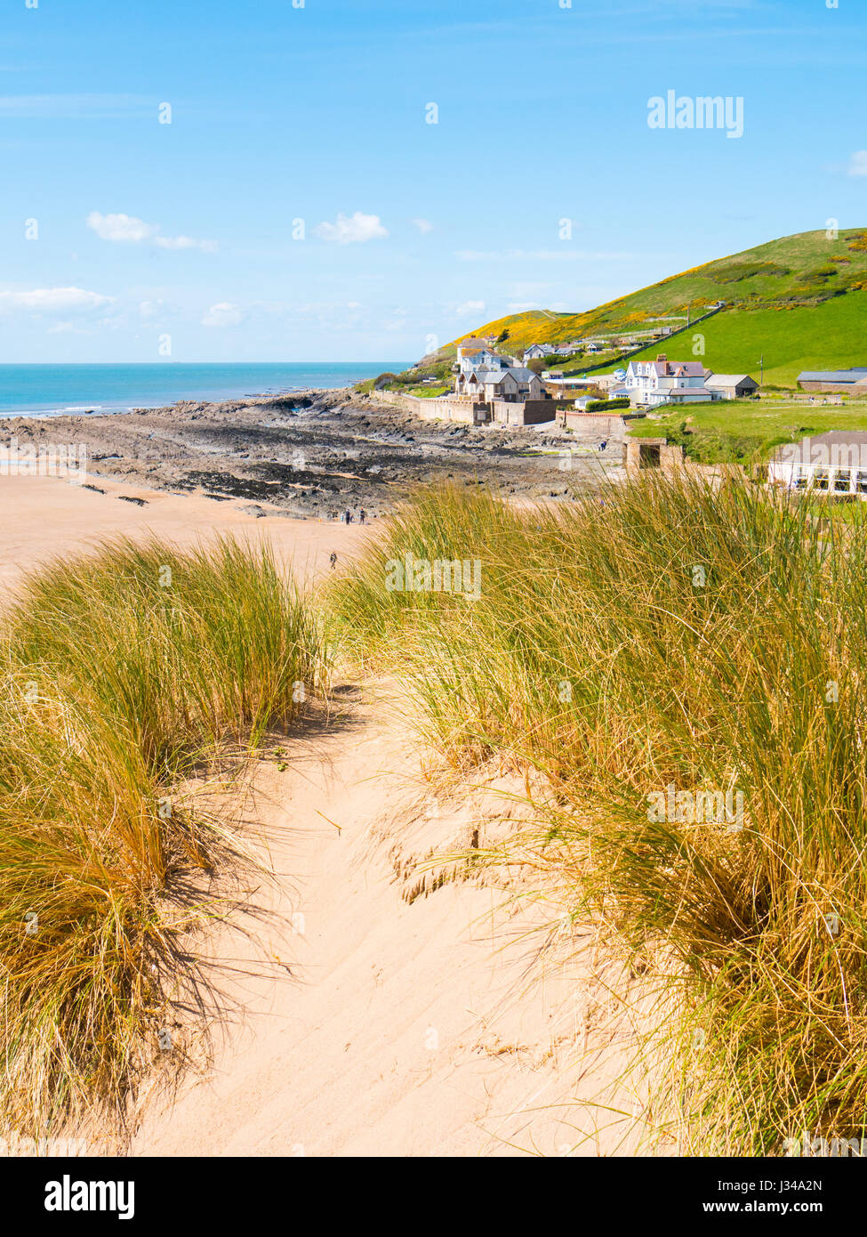 Dunas de Arena en Croyde Beach en un día soleado, con cielos azules y despejados, Devon, Inglaterra, Reino Unido. Foto de stock