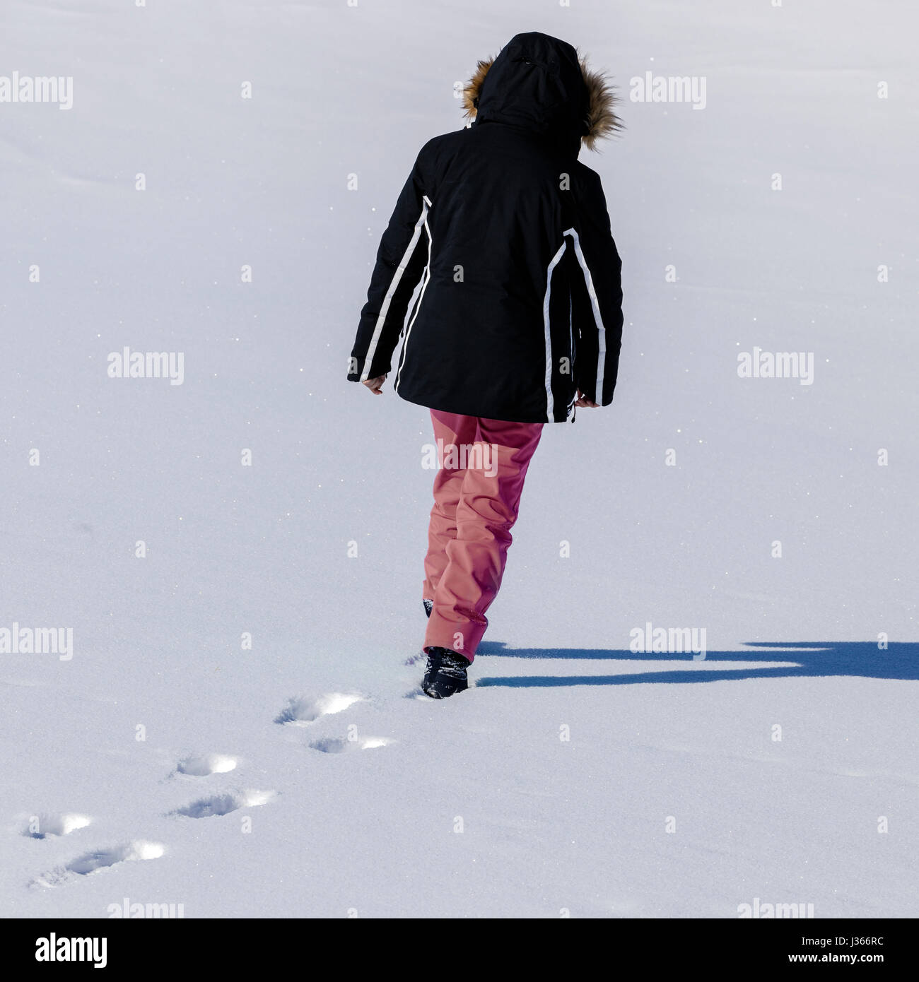 Una mujer caminando en nieve profunda Foto de stock