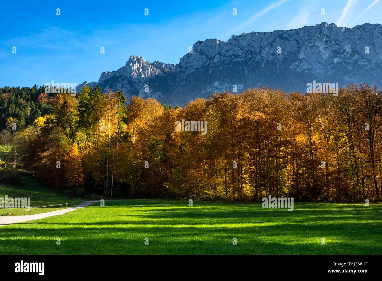 Otoño paisaje de montaña con montañas en el fondo. Austria, Tirol, Tirol Foto de stock