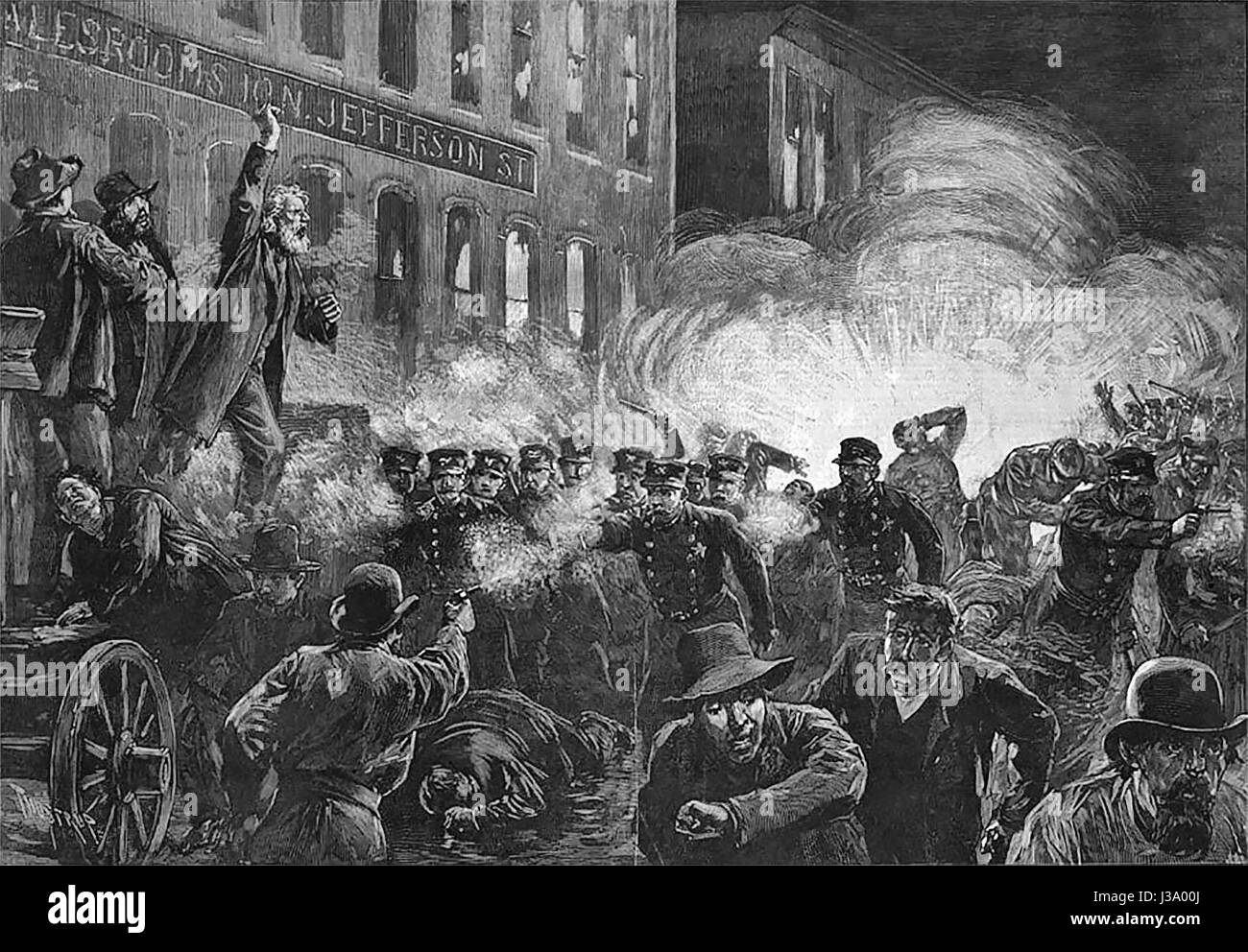 El Haymarket Riot - 15 de mayo de 1886. Este grabado de 1886 fue la más amplia imagen reproducida por el asunto de Haymarket. Se muestra incorrectamente Fielden hablando, la explosión de bombas y los motines comienzan simultáneamente. Foto de stock