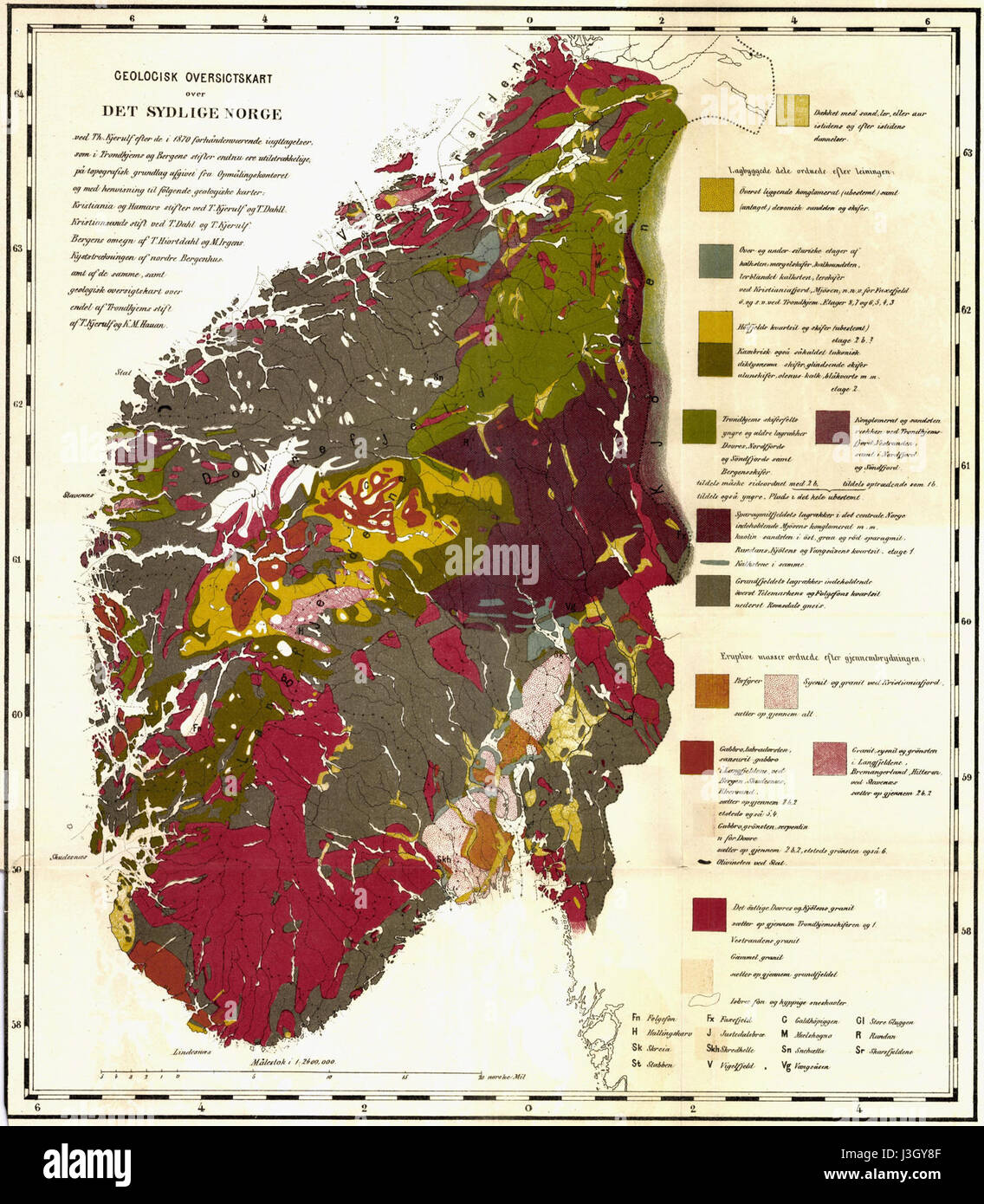 En det sydlige Geologisk Oversigtskart Norge (Kjerulf Hauan) Foto de stock