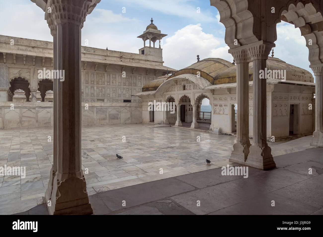 Palacio real con tallas de arquitectura de mármol blanco en el Fuerte de Agra - un sitio de patrimonio mundial de la UNESCO. Foto de stock
