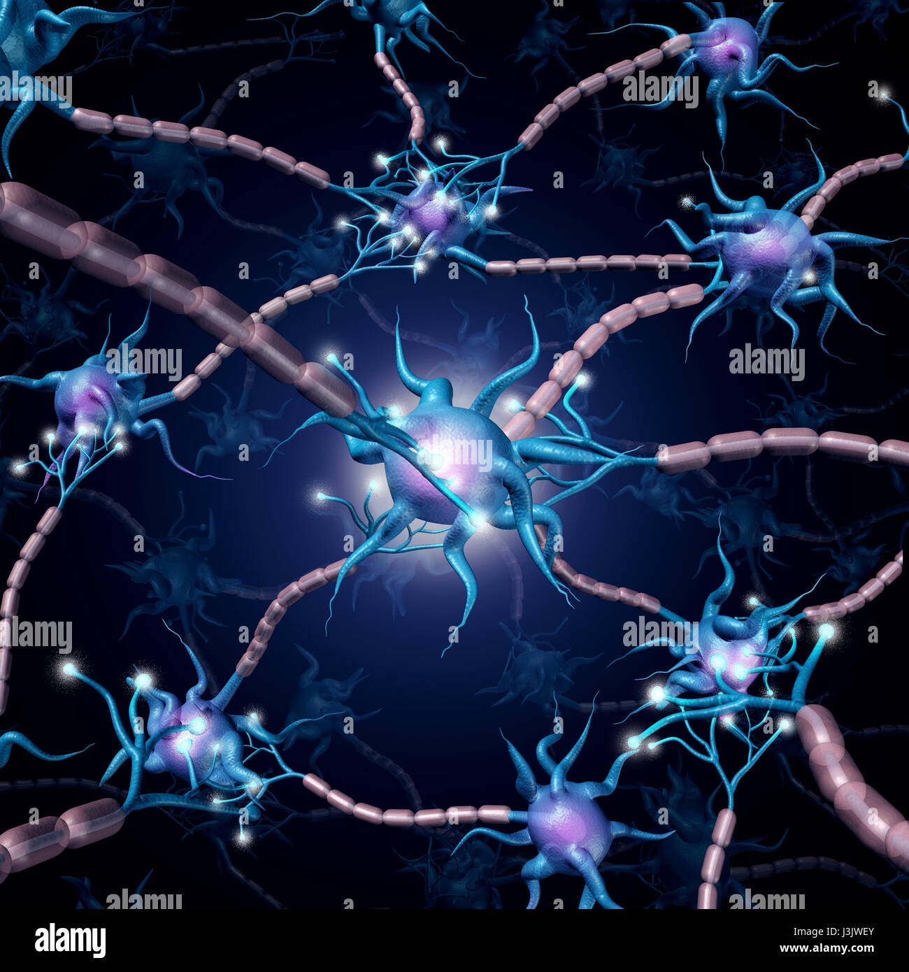 Neuron celdas activas como un grupo de neuronas comunican el uno con el otro como un concepto de salud mental o de neurología. Foto de stock