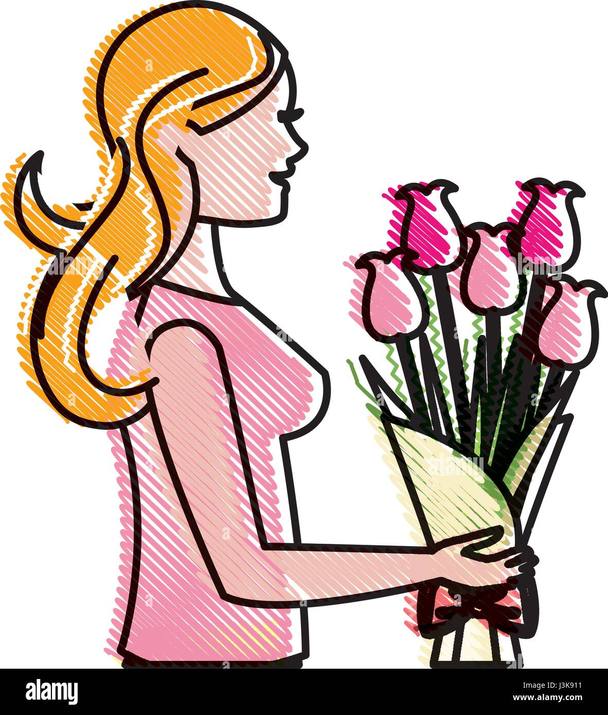 Dibujo mujer madre ramo de flores celebración Imagen Vector de stock - Alamy