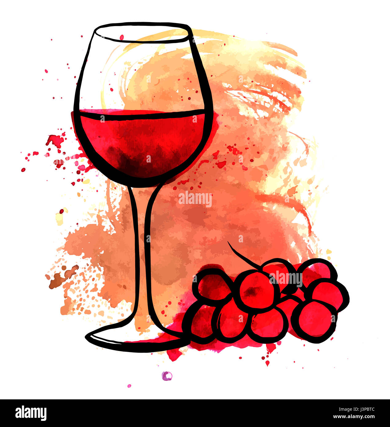 Un dibujo de un vaso de vino tinto con uvas y salpicaduras de pintura