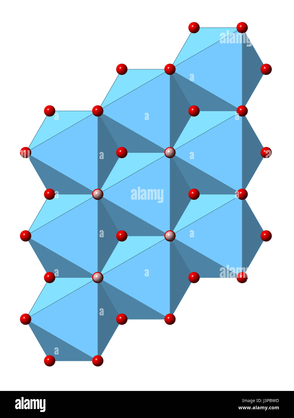 Portlandite (hidróxido de calcio Ca(OH)2, la cal apagada, la cal  hidratada), una estructura de cristal mineral. Los átomos se muestra como  las esferas y los poliedros (oxígeno, rojo; hy Fotografía de stock 