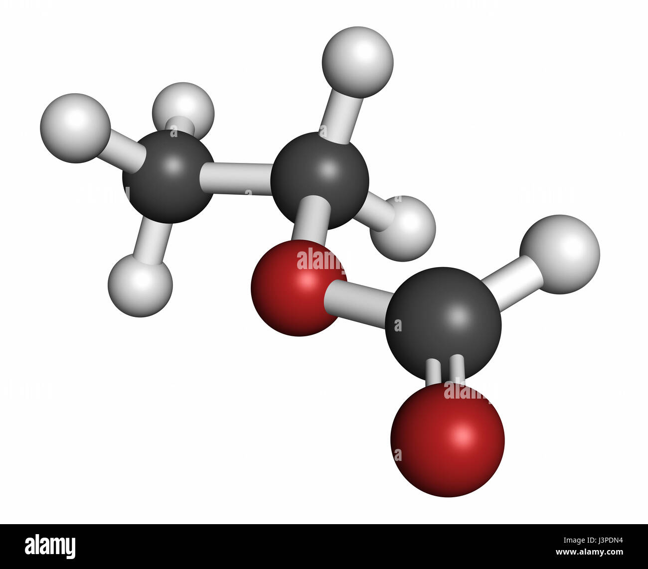 El formiato de etilo (etil methanoate) molécula. Los átomos son