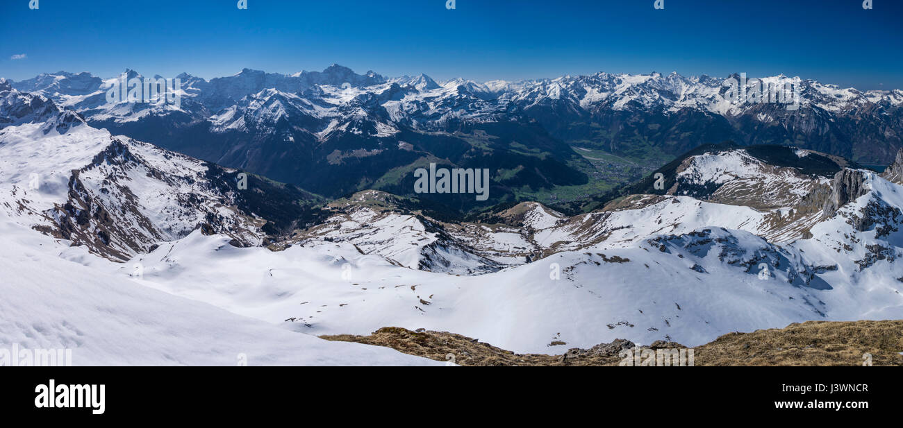 Panorama de picos nevados y valles verdes en los Alpes Suizos, visto desde Rossstock (2461m) en dirección sur. Foto de stock