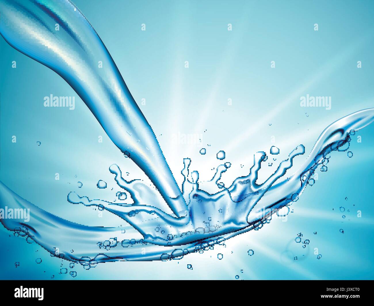 Verter el agua y salpicaduras como efecto especial, la luz de fondo azul ilustración 3d Ilustración del Vector