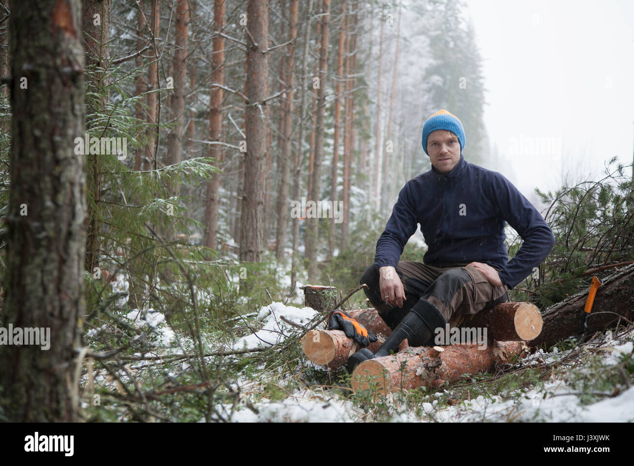 Logger tomando descanso en registros, Tammela, Forssa, Finlandia Foto de stock