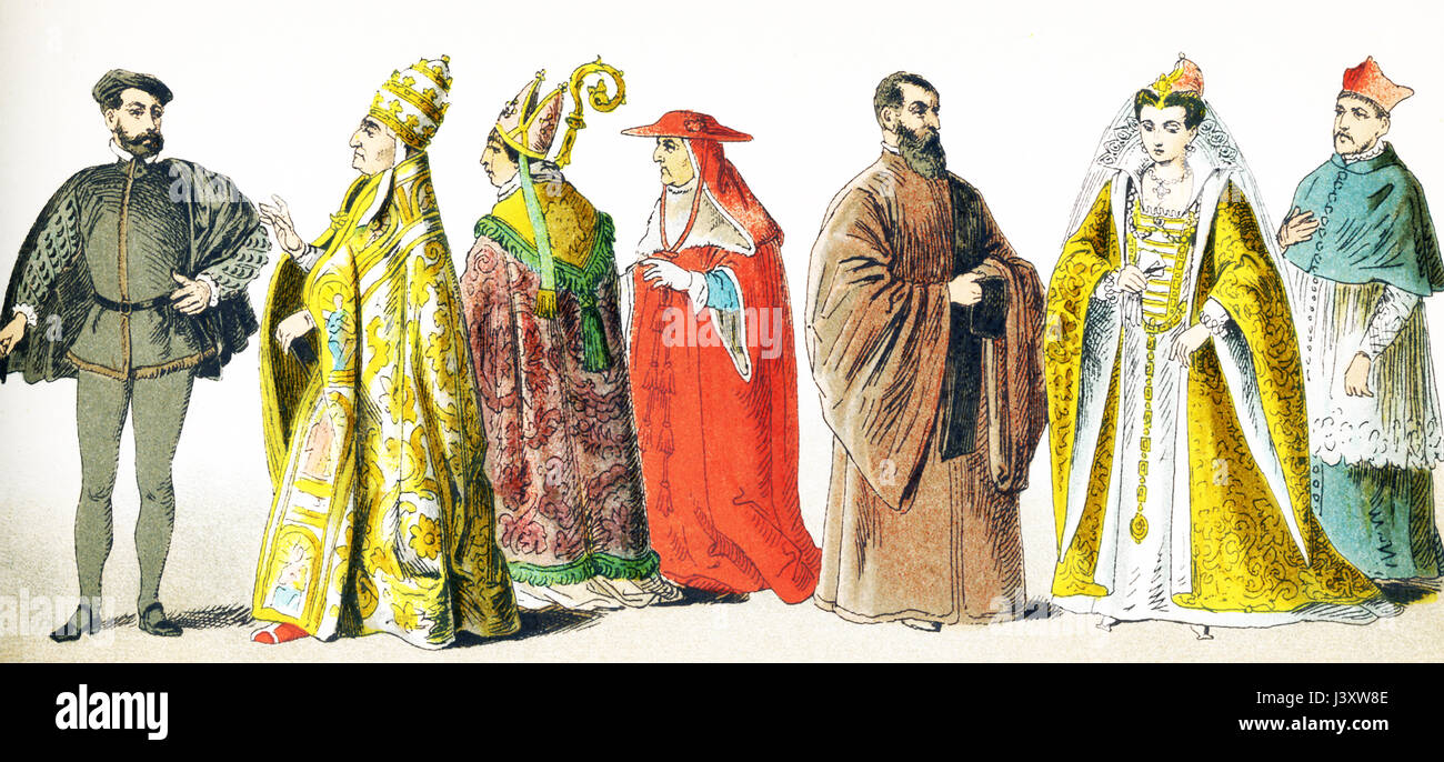 Las figuras representadas aquí representan los italianos alrededor del año 1500 D.C. son de izquierda a derecha: hombre de rango, en Pontificals Papa, obispo, cardenal, procurador de San Marcos, esposa del duque, el cardenal en casa vestido. La ilustración se remonta a 1882. Foto de stock