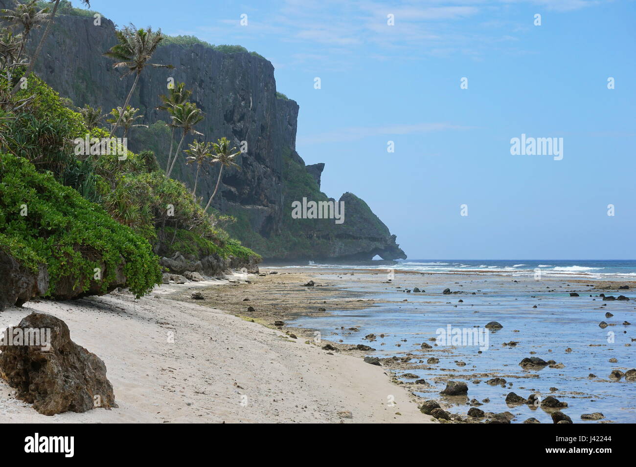 Accidentado paisaje costero en la costa de la isla de Rurutu con acantilados erosionados y vegetación tropical, el océano Pacífico, Austral, Polinesia Francesa Foto de stock