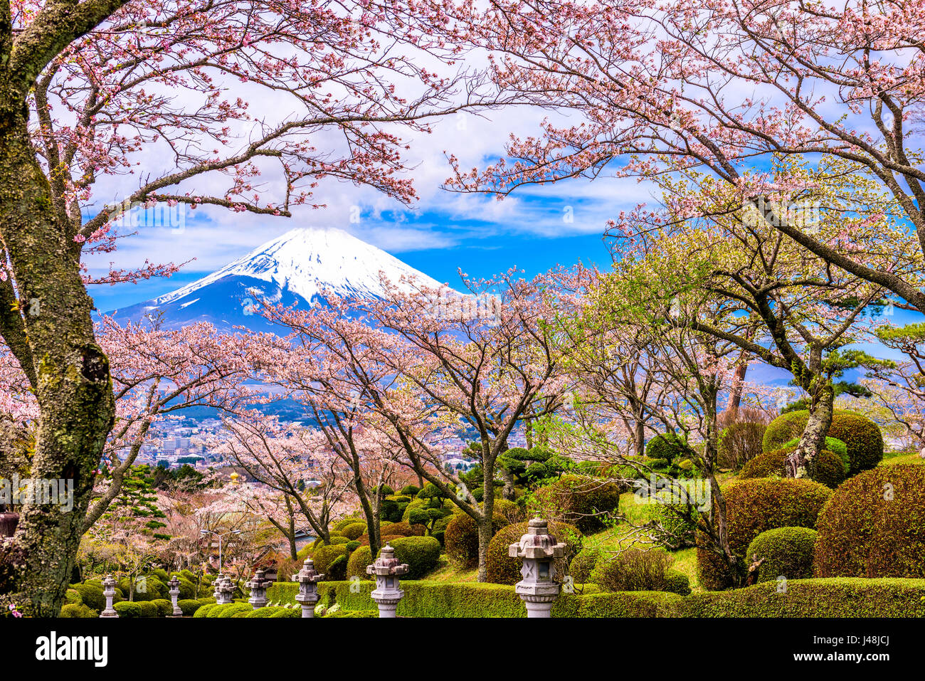 Ciudad de Gotemba, Japón en el Parque de la paz con Mt. Fuji en primavera. Foto de stock