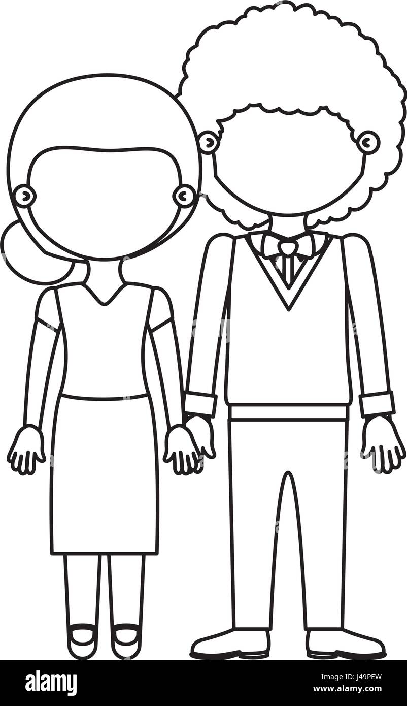 Dibujo Silueta Mujer Con Pareja Sin Rostro Y Cabello Recogido Rizado Hombre Con Pajarita Y Tomadas Las Manos Imagen Vector De Stock Alamy