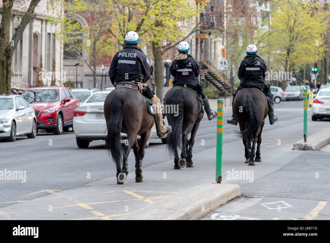 La Policía Montada a caballo en la calle Sherbrooke, en Montreal, Quebec, Canadá Foto de stock
