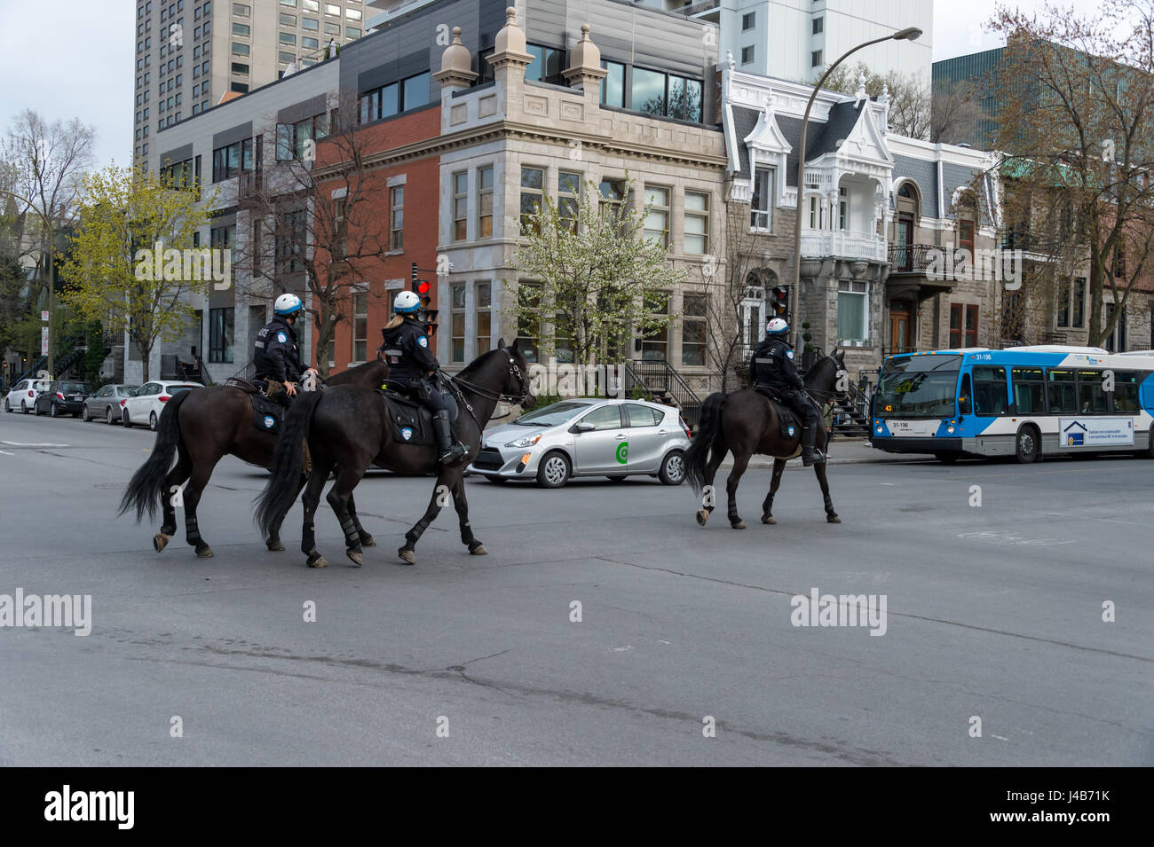 La Policía Montada a caballo en la calle Sherbrooke, en Montreal, Quebec, Canadá Foto de stock