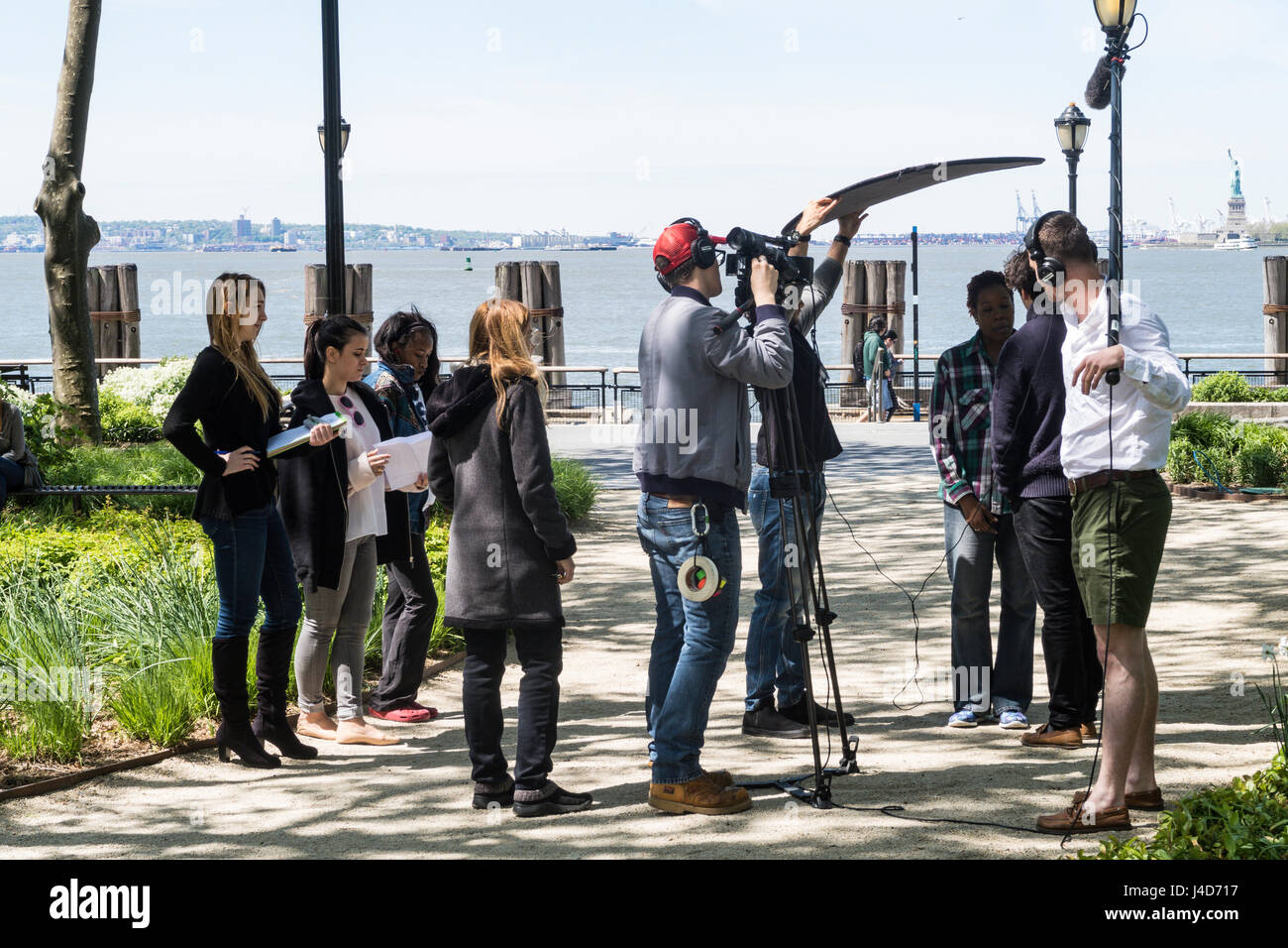 Producción de películas de estudiantes, Battery Park, la ciudad de Nueva York, EE.UU. Foto de stock