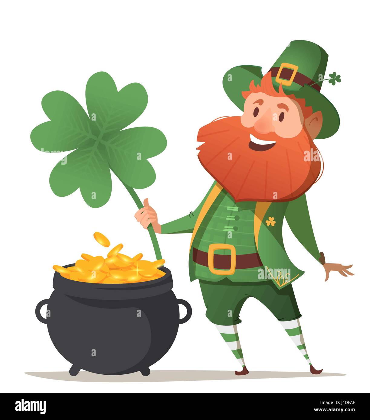 Duende Con una olla de oro y el trébol de cuatro hojas y suerte.  Ilustración para el Día de San Patricio. Ilustración vectorial Imagen  Vector de stock - Alamy