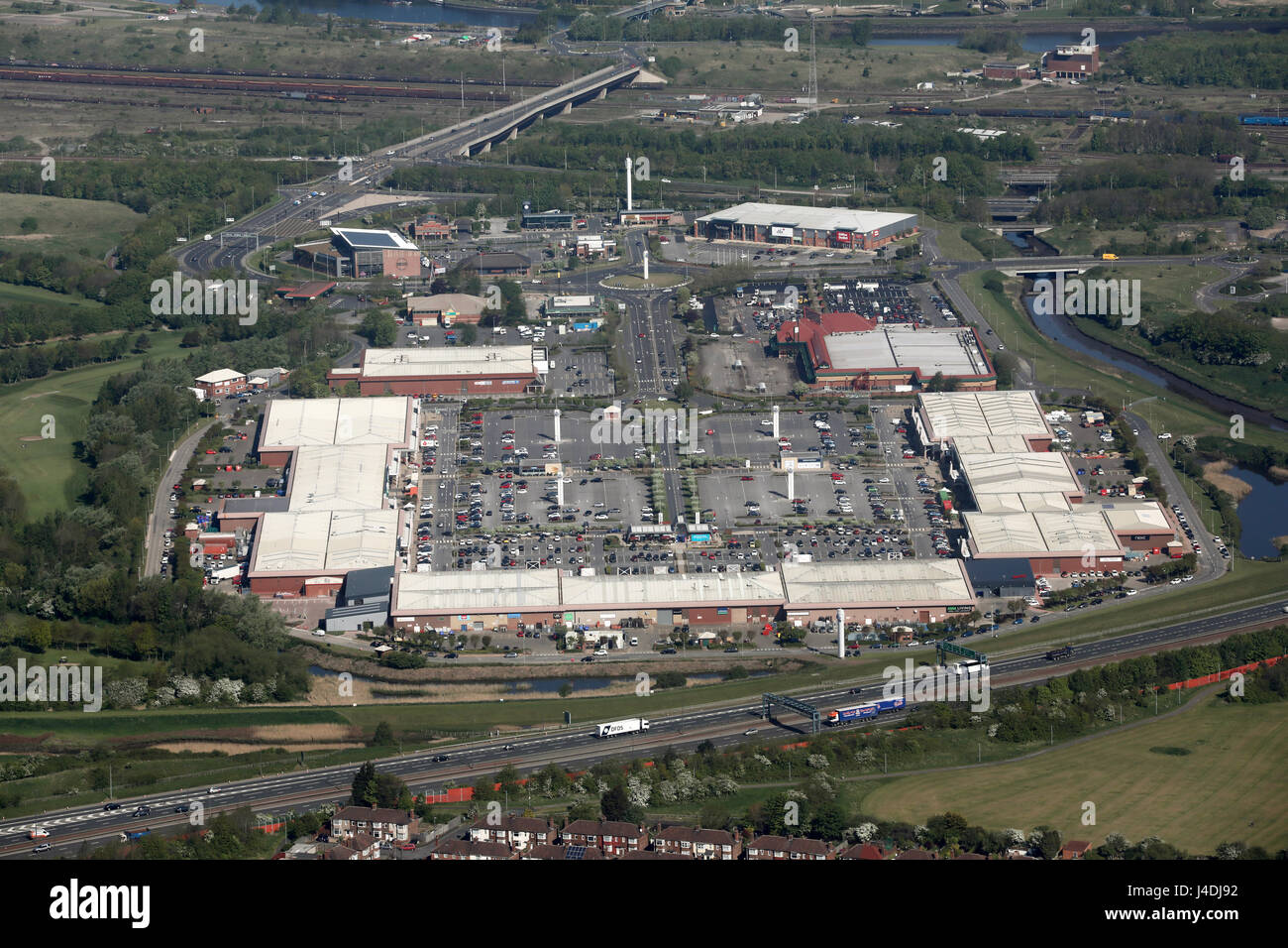 Vista aérea de Teesside Shopping Park, Stockton on Tees, Reino Unido Foto de stock