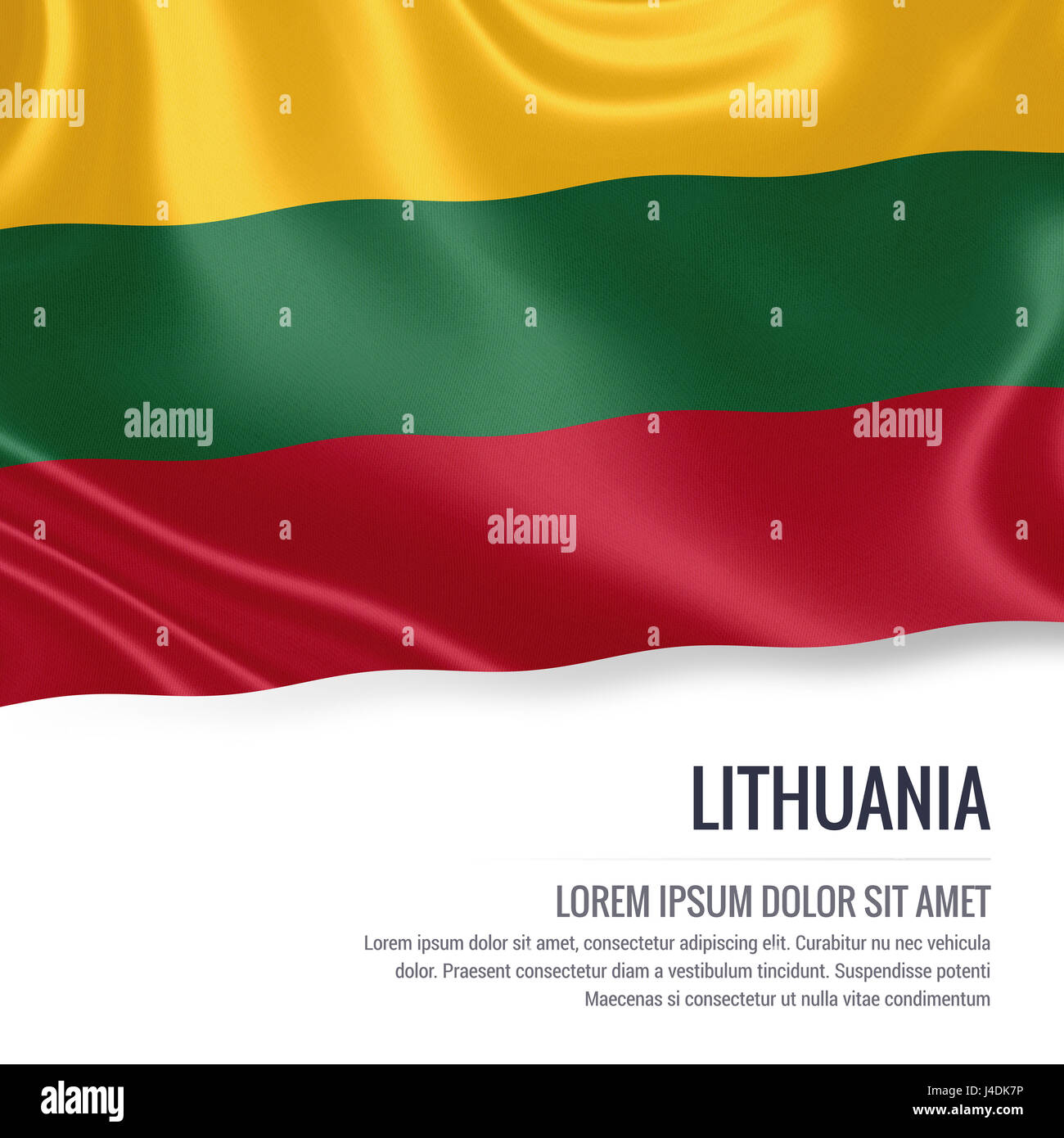 Sedoso de Lituania bandera ondeando sobre un fondo blanco aislado con el área de texto blanco para su mensaje de anuncio. 3D rendering. Foto de stock