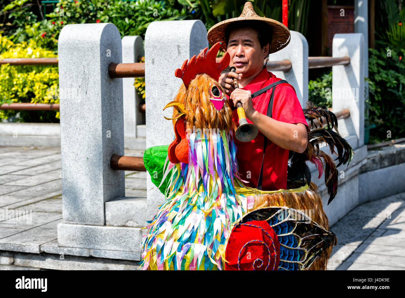 Hombre celebrando el año del pollo en Liwan Park. Guangzhou, China. Foto de stock