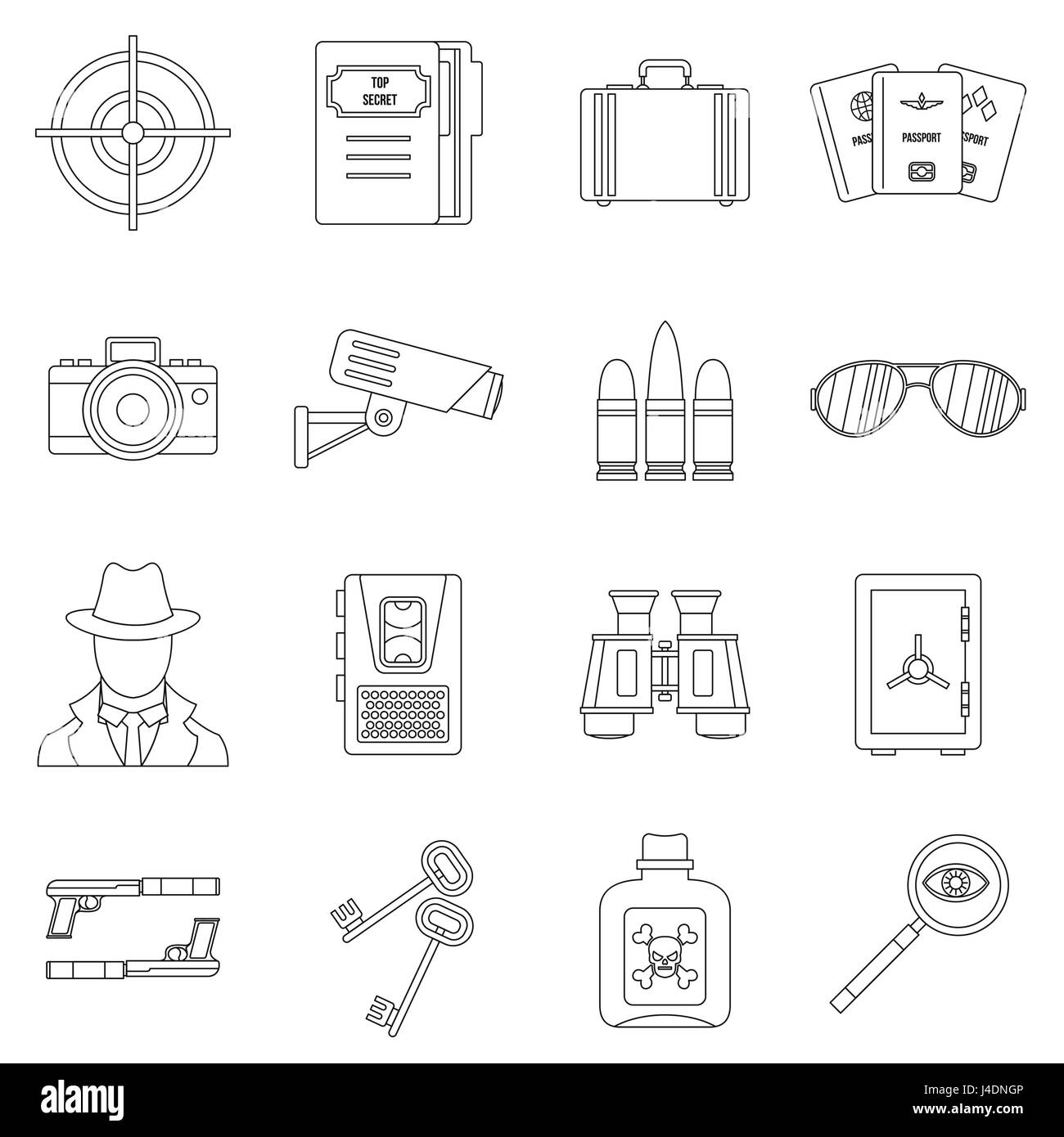 Iconos de herramientas de espionaje, el estilo de esquema Imagen Vector de  stock - Alamy