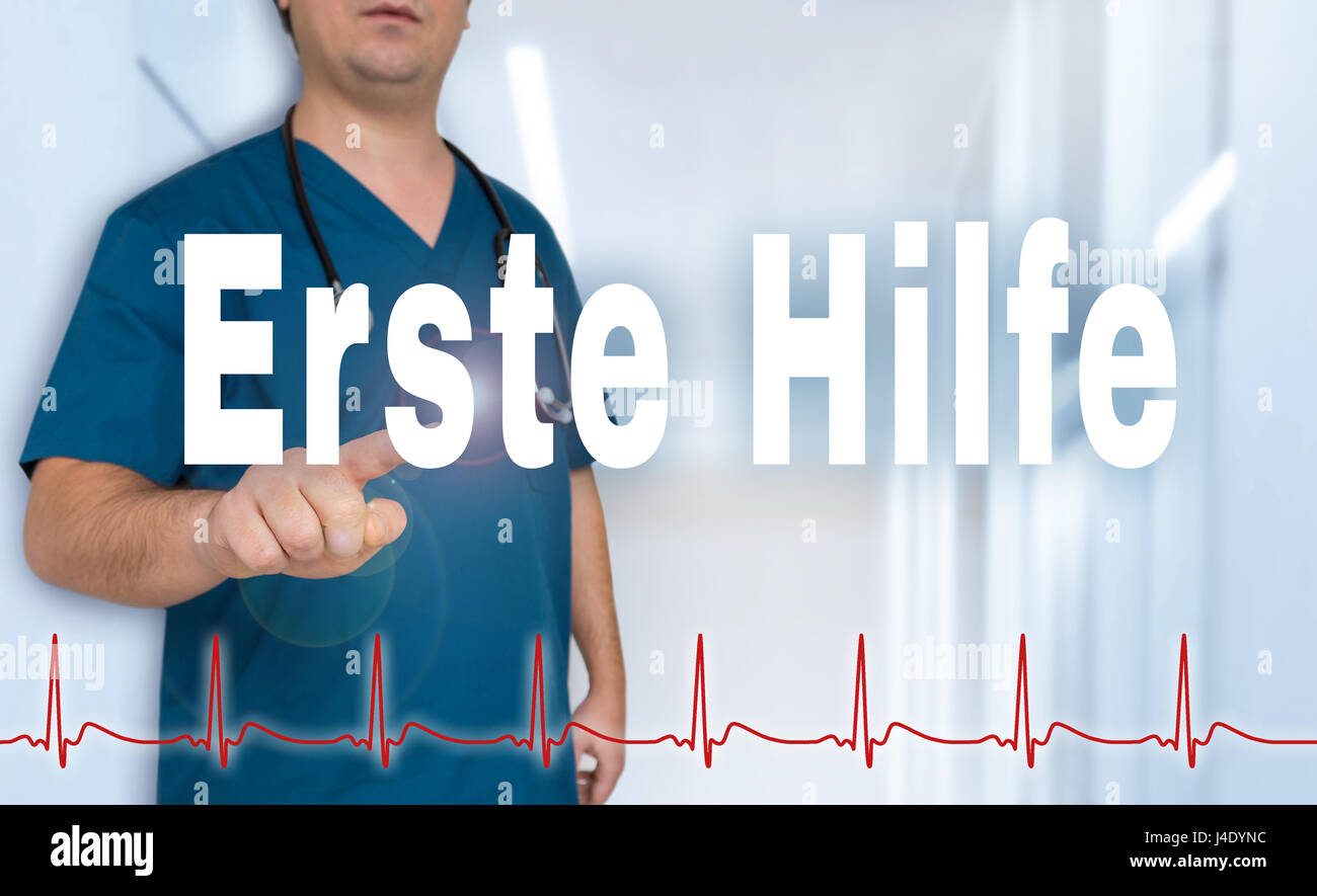 Erste Hilfe (en germn primeros auxilios) doctor muestra en viewer con frecuencia cardiaca concepto. Foto de stock