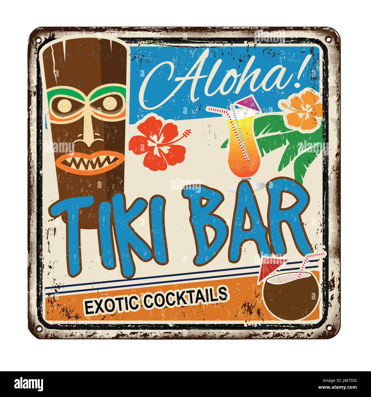 El Tiki bar vintage metal oxidado firmar sobre un fondo blanco, ilustración vectorial Ilustración del Vector