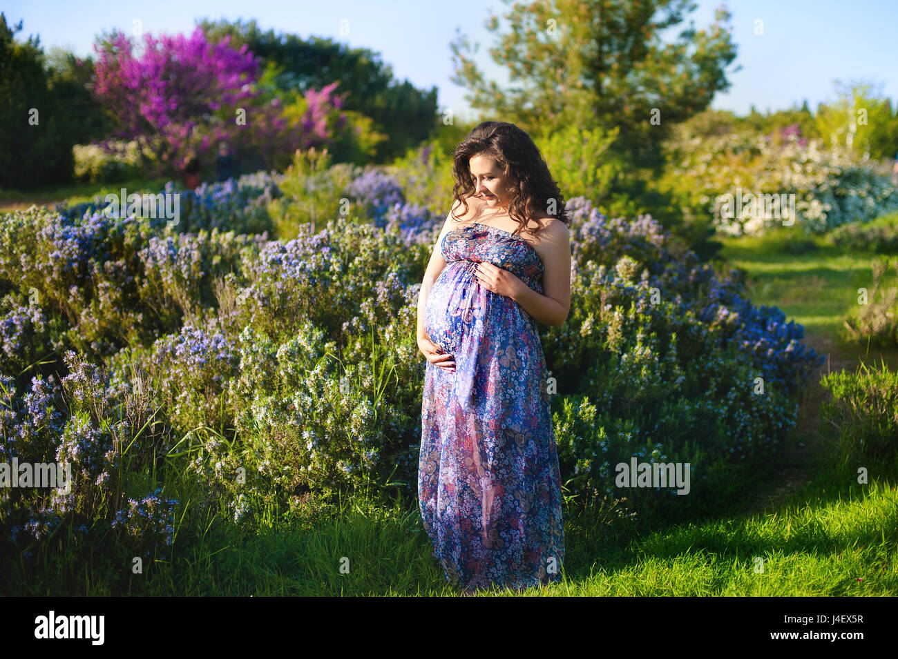 Feliz mujer embarazada en el hermoso vestido sosteniendo el vientre con el bebé en el jardín de color lila. Embarazo en primavera Foto de stock