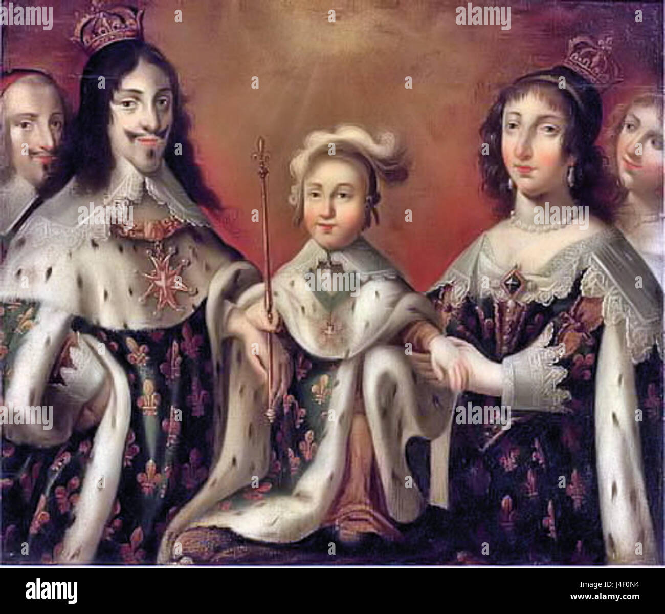 Luis XIII, Ana de Austria y su hijo Luis XIV, flanqueado por el cardenal Richelieu y la Duchesse de Chevreuse Foto de stock