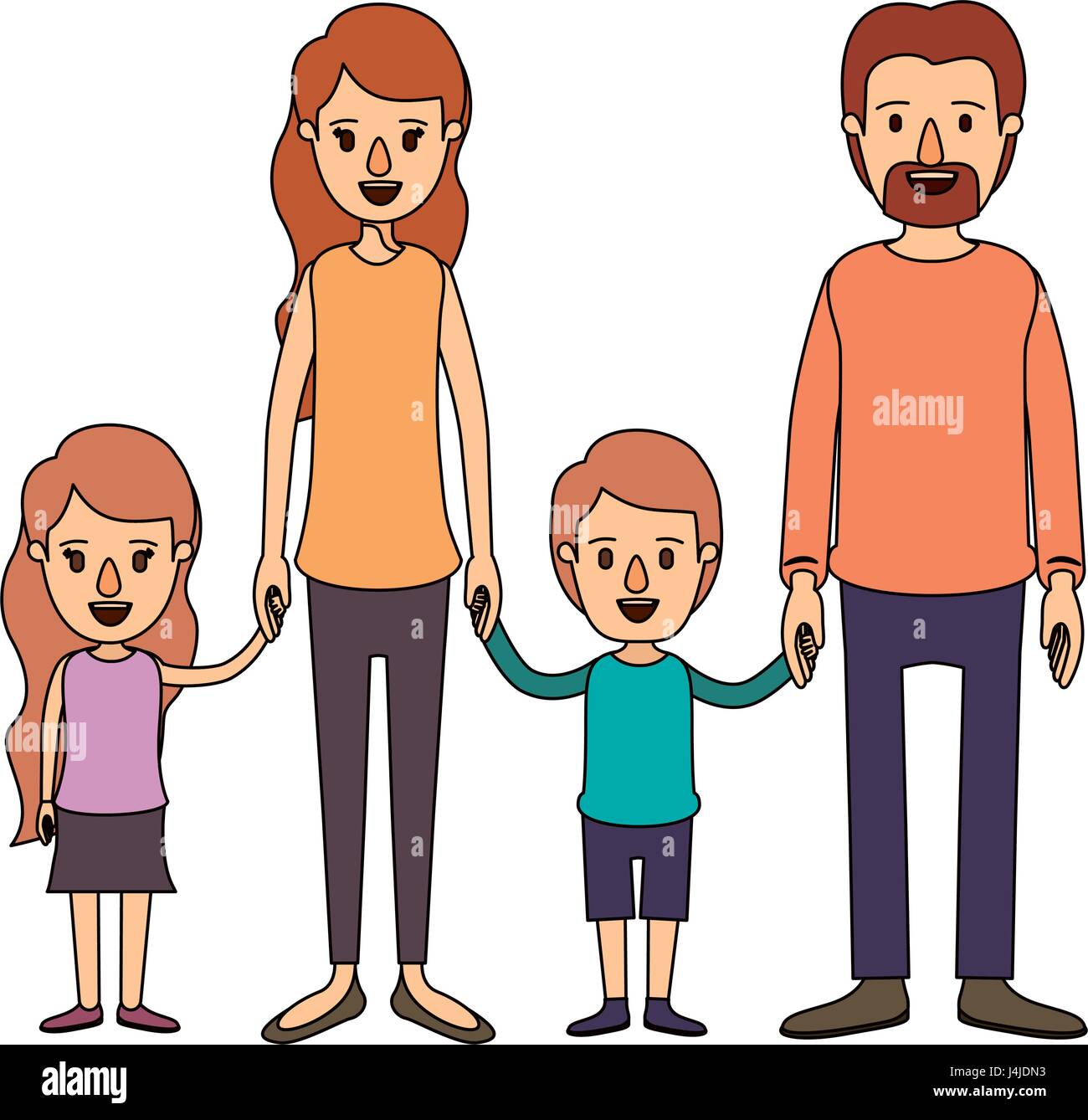 Imagen en color caricatura grupo familiar con los padres y los niños  tomados de manos Imagen Vector de stock - Alamy