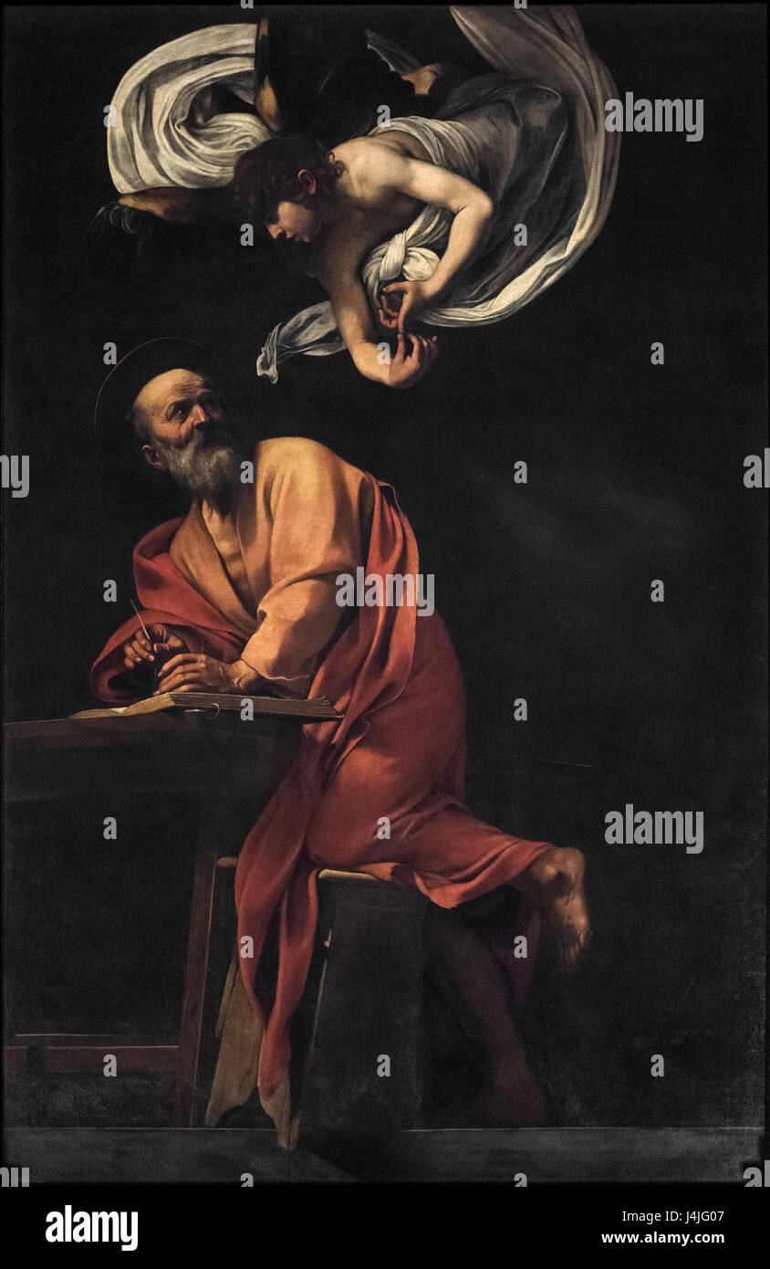 Roma. Italia. La inspiración de San Mateo de Caravaggio (1599-1600), capilla Contarelli, Chiesa di San Luigi dei Francesi. Foto de stock