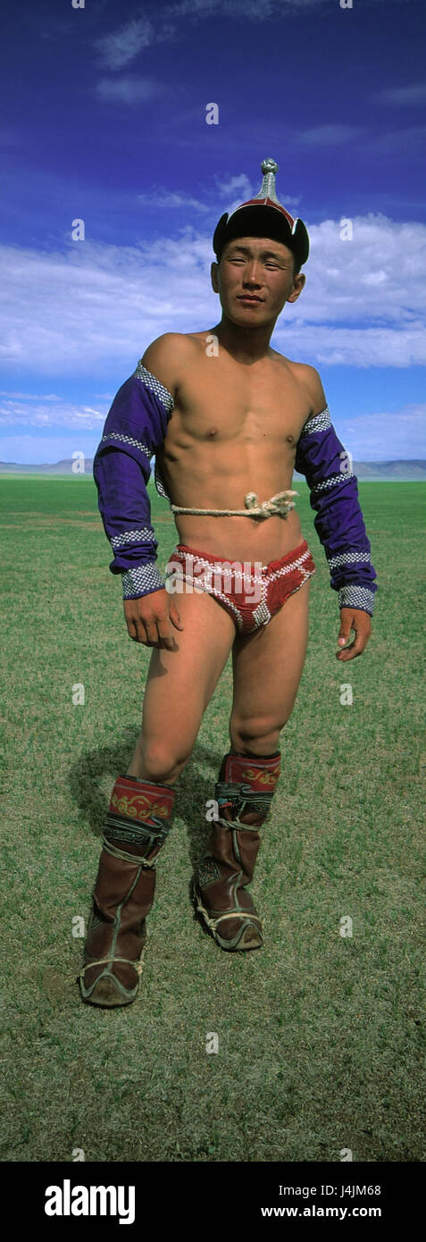 Mongolia, fiesta de Naadam, hombre luchador, Mongol, lucha ropa, tradicionalmente, la cultura, la fiesta cultural, evento Fetes usted Naadam, fiesta, luchador Fotografía de stock -