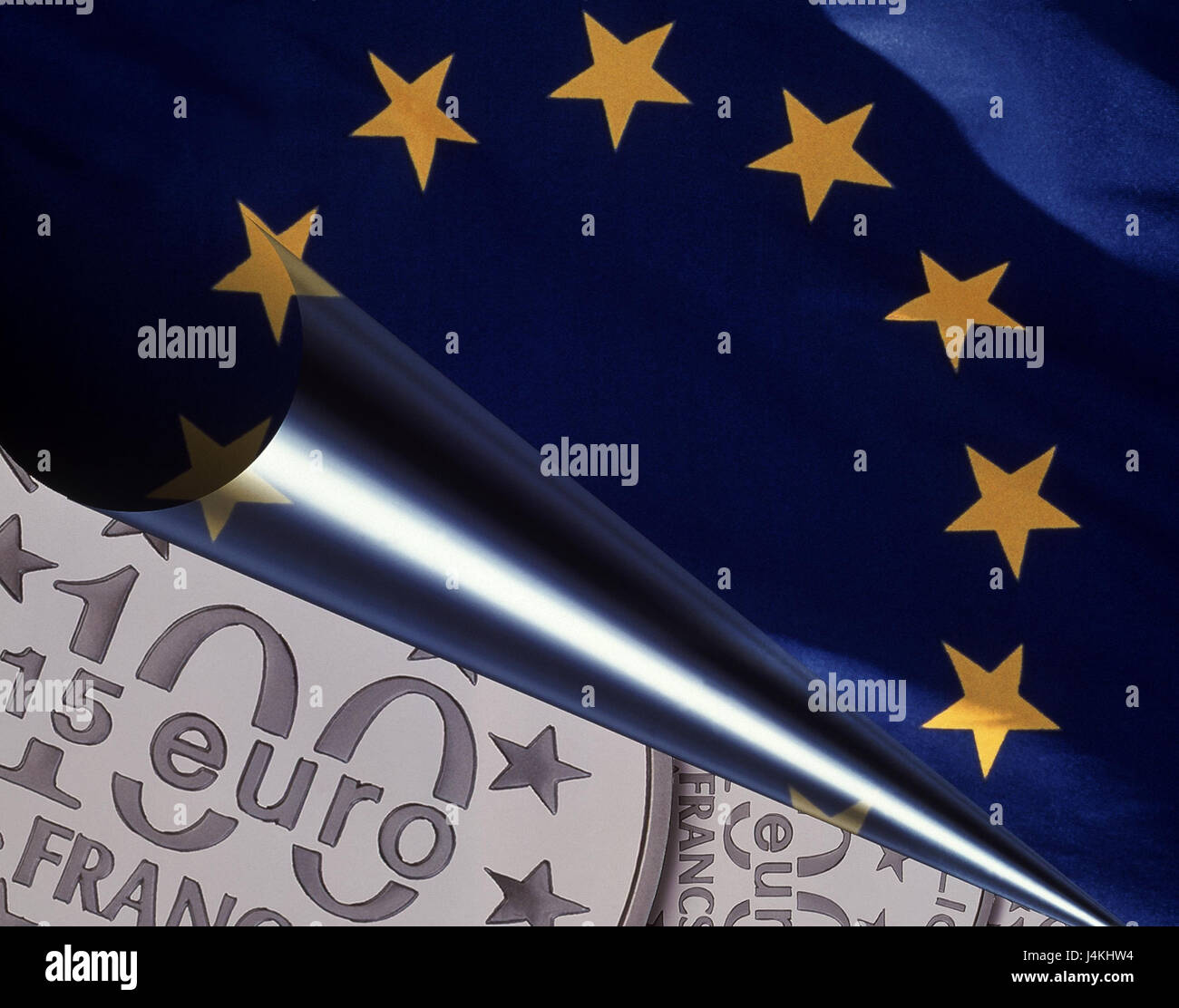Icono, la unión monetaria, la bandera europea, las monedas de euro [M] la política monetaria, la moneda única, la moneda, la UE, la bandera europea, bandera, euro, monedas, dinero Foto de stock
