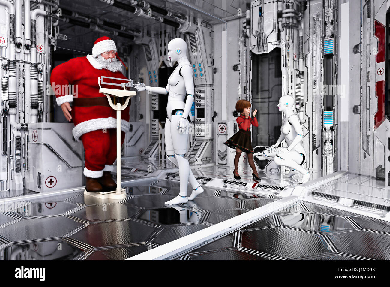 Mujer robot Santa en escala de pesaje Foto de stock