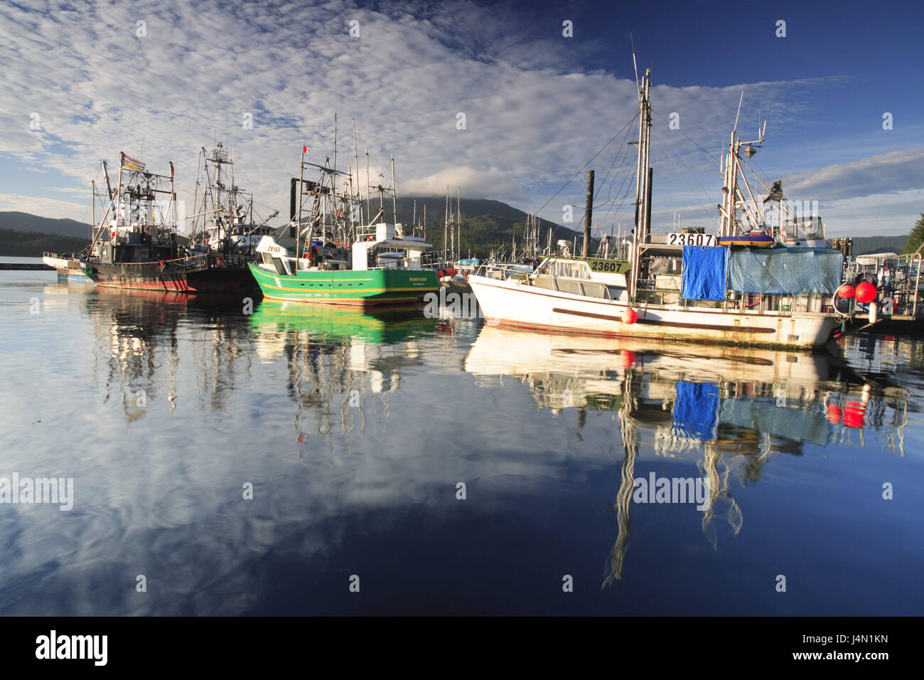 Canadá, Columbia Británica, Great Bear Rainforest, Prince Rupert, puerto, barcos de pesca, mar, Foto de stock
