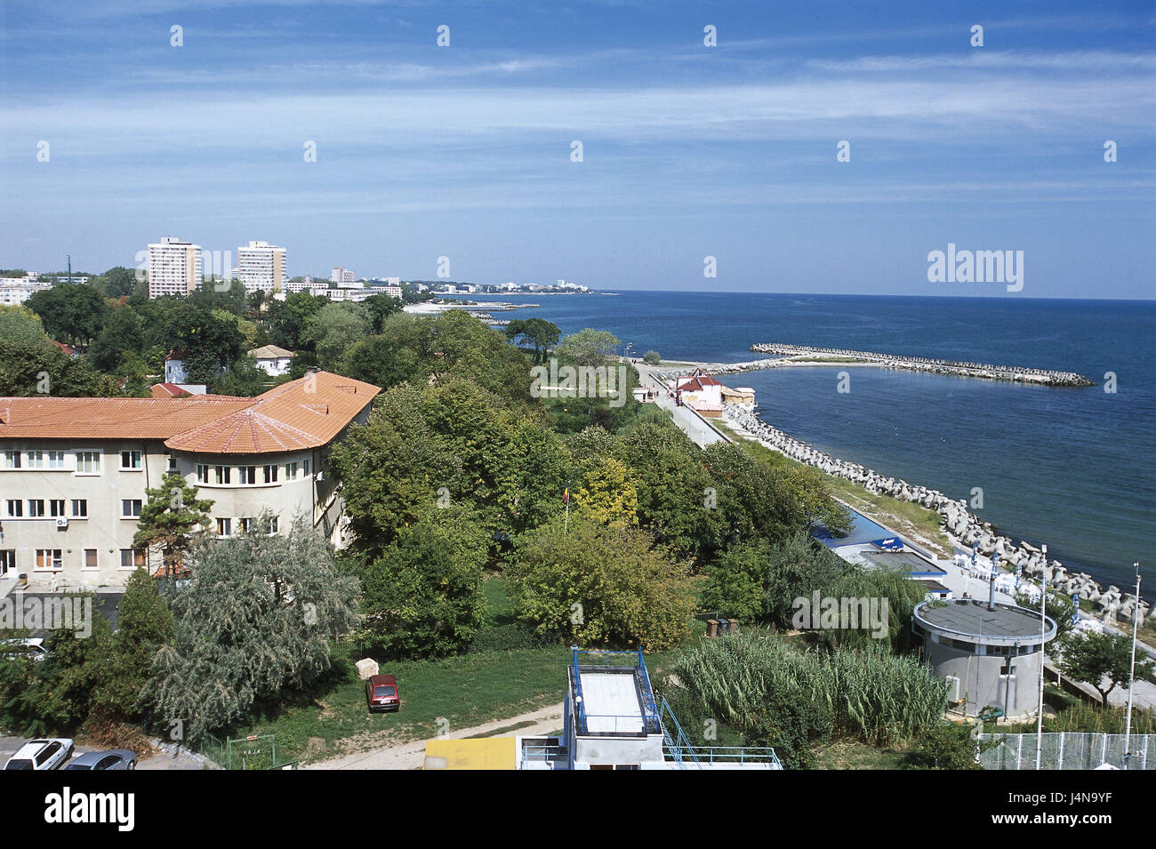 Rumania, Mangalia, descripción, costa, el Mar Negro, en la costa del Mar  Negro, las casas, el mar, la costa, la ciudad, el puerto, el resort,  balneario, zona de vacaciones, playa, vista de