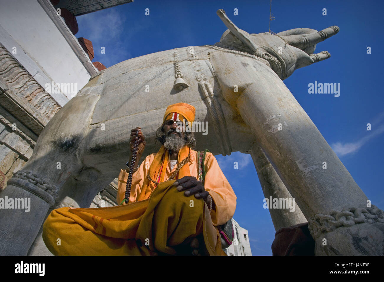 La India, Rajasthan, Udaipur, Jagdish temple, piedra elefante, Sadhu, Foto de stock