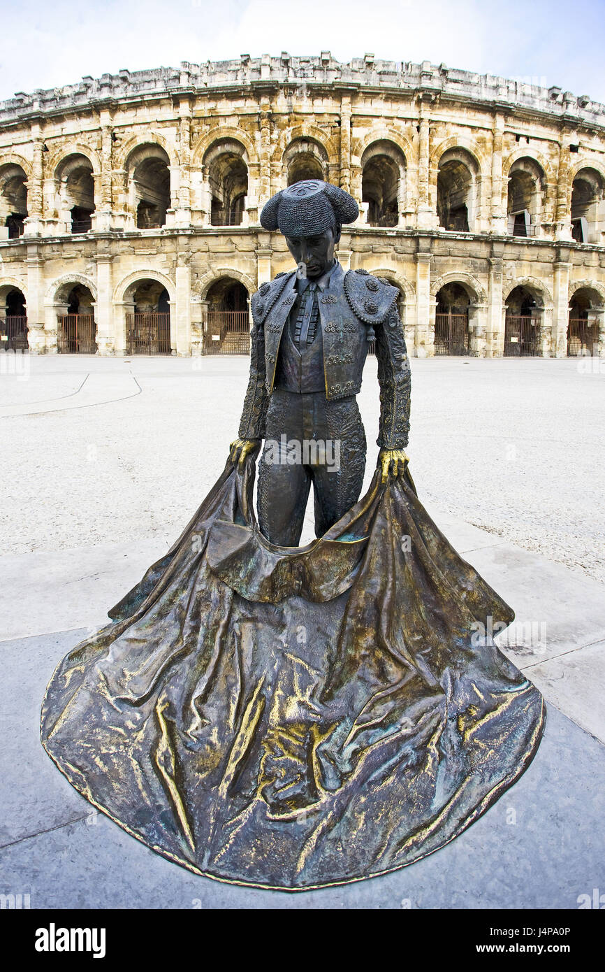 Francia, Nimes, anfiteatro, estatua, torero, Foto de stock