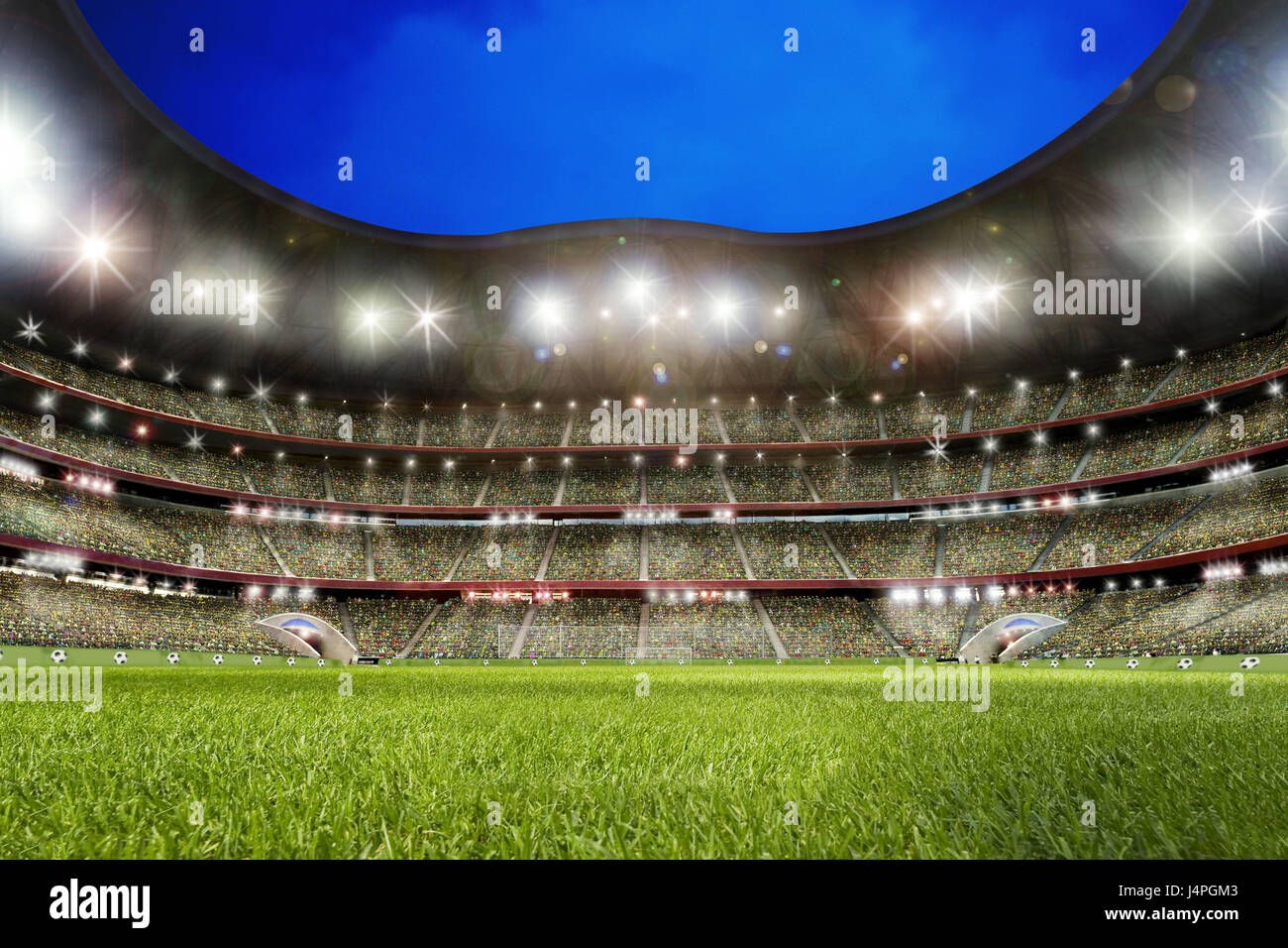 Estadio de Fútbol, césped, espectador del stand, Foto de stock