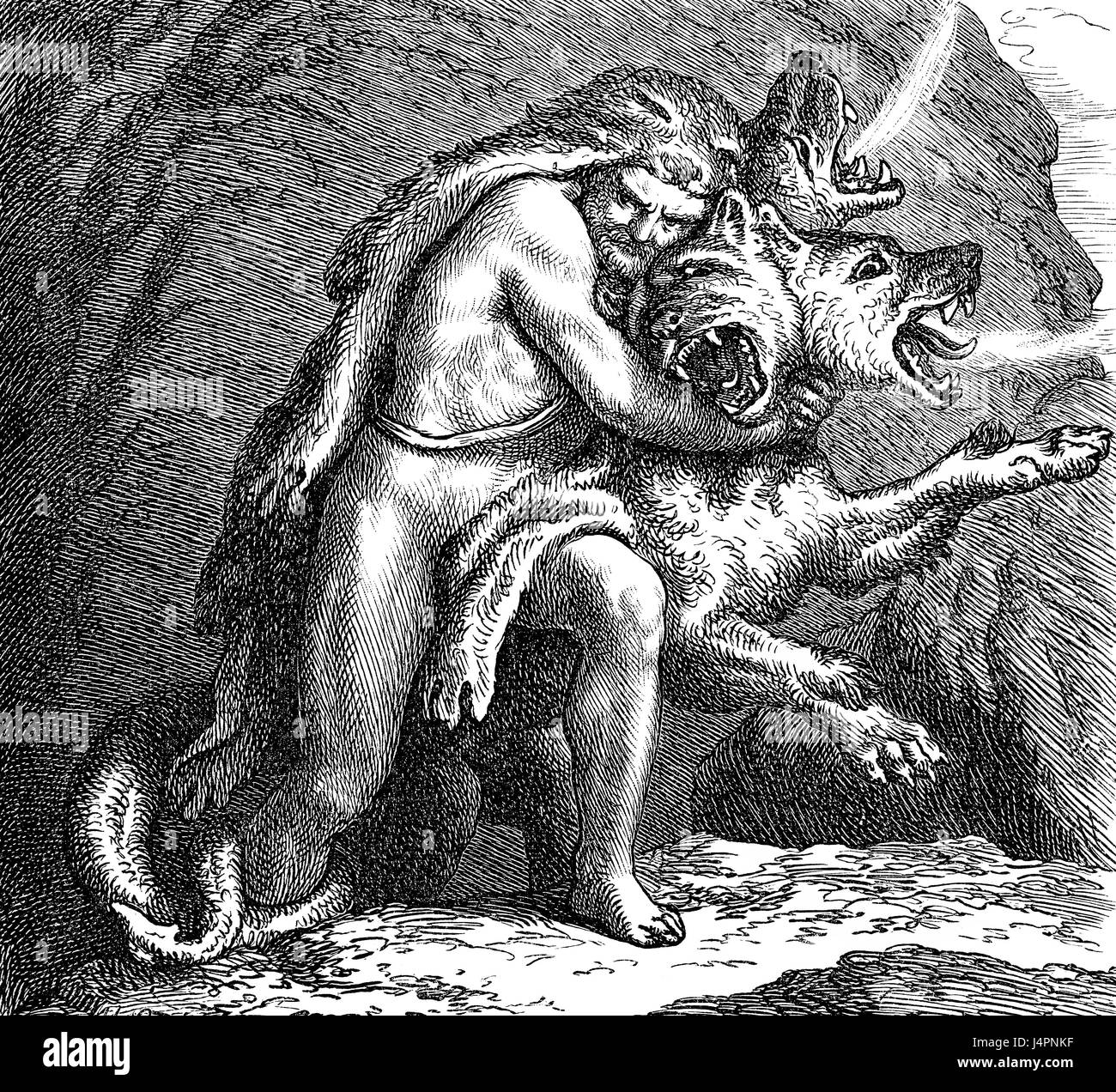 Hercules capturar Cerberus, la mitología griega Foto de stock