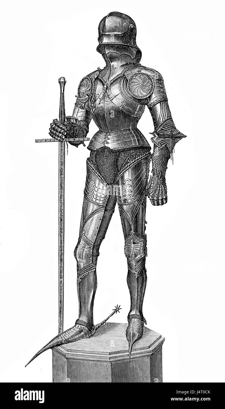 Armadura del emperador Maximiliano I con la espada y el casco de guerra visorless, año 1480 Foto de stock